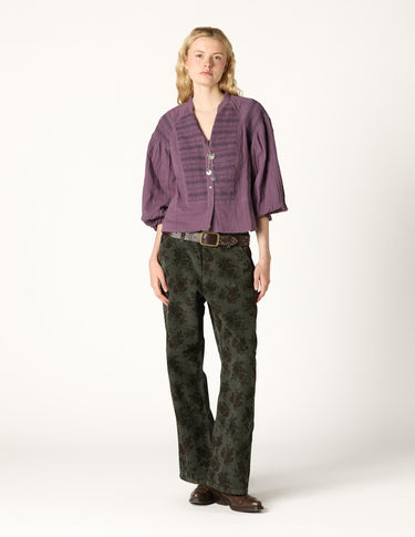 GREEN FLORAL CORDUROY PANTS