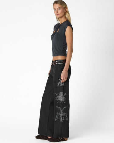 BLACK DENIM EMBROIDERED SEQUIN PANTS