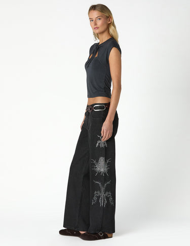 BLACK DENIM EMBROIDERED SEQUIN PANTS