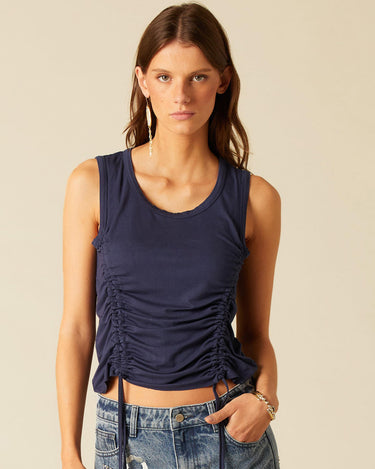 NAVY BLUE RUFFLED STRAP T-SHIRT
