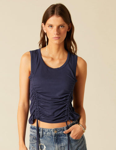 NAVY BLUE RUFFLED STRAP T-SHIRT