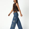 EMBROIDERED SEQUIN BLUE DENIM TROUSERS