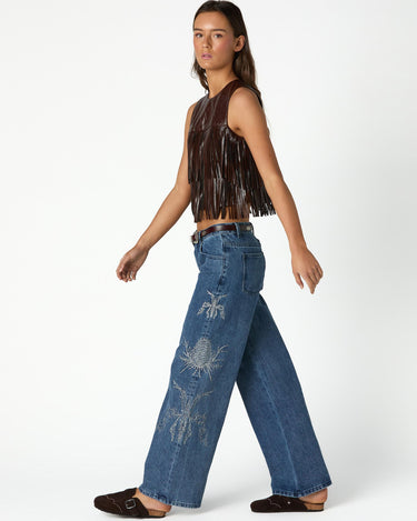 EMBROIDERED SEQUIN BLUE DENIM TROUSERS