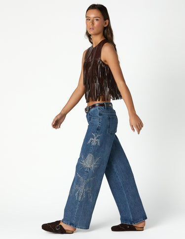 EMBROIDERED SEQUIN BLUE DENIM TROUSERS