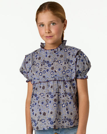 BLUE STITCHING FLORAL PRINT SHIRT