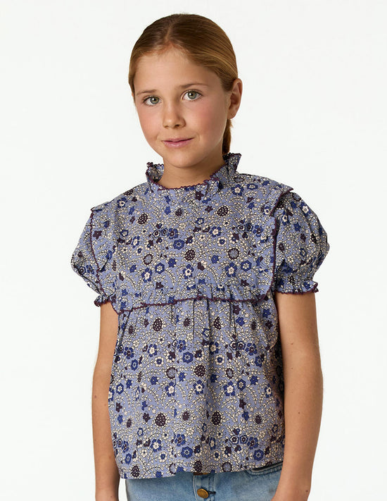 BLUE STITCHING FLORAL PRINT SHIRT