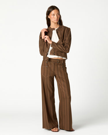 BROWN STRIPED POCKET BUTTON TROUSERS