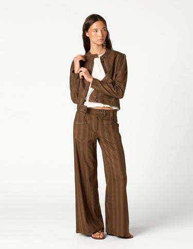 BROWN STRIPED POCKET BUTTON TROUSERS