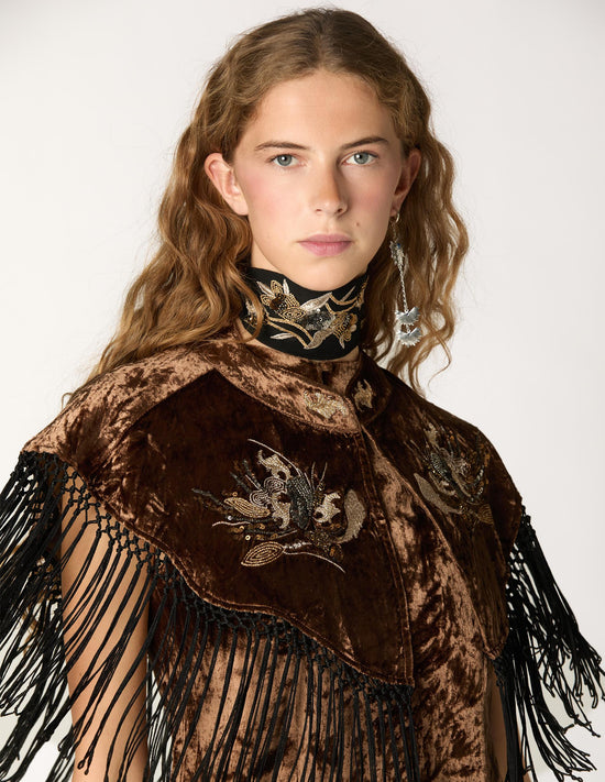 BROWN EMBROIDERED VELVET CAPE