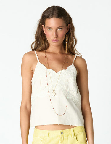 EMBROIDERED ECRU LINEN STRAP TOP