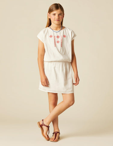 RED EMBROIDERED ELASTICATED DRESS