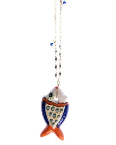 CERAMIC FISH NECKLACE BLUE ORANGE