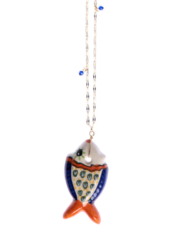 CERAMIC FISH NECKLACE BLUE ORANGE