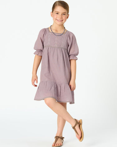 PUFF SLEEVE PIN TUCK OVERCAST DRESS