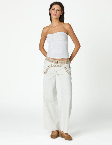 EMBROIDERED YOKE TROUSERS ECRU