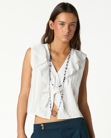 WHITE RUFFLED SLEEVELESS TOP