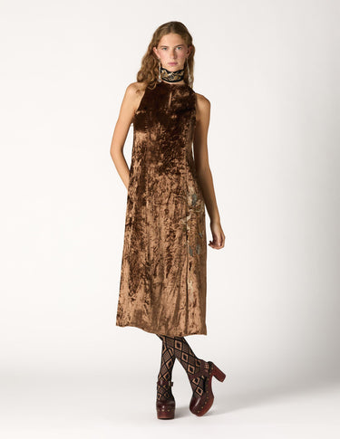 BROWN EMBROIDERED VELVET DRESS
