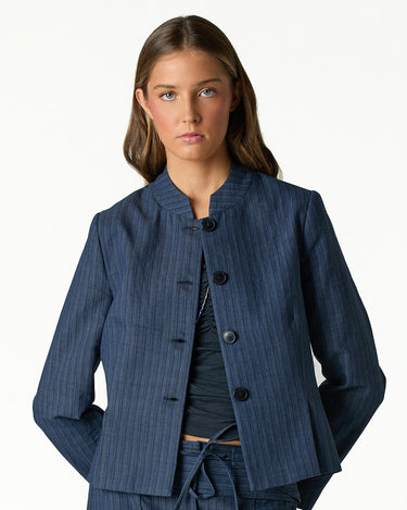 BLUE STRIPED MANDARIN COLLAR BLAZER