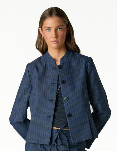 BLUE STRIPED MANDARIN COLLAR BLAZER