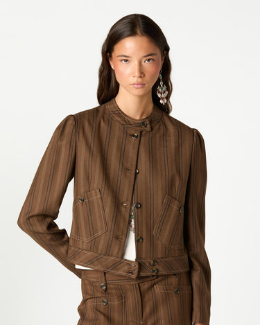 BROWN STRIPED BUTTONED POCKET JACKET