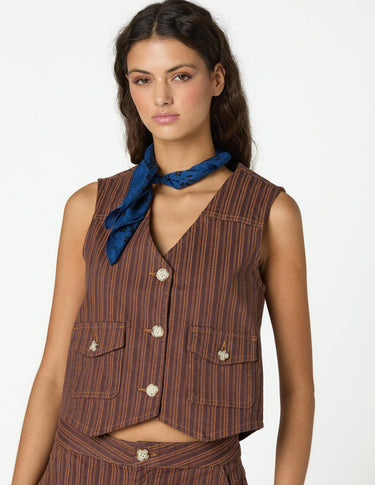 BROWN STRIPED DENIM VEST