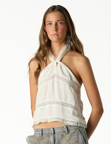 ECRU LACE STRAP SATIN KNOT TOP