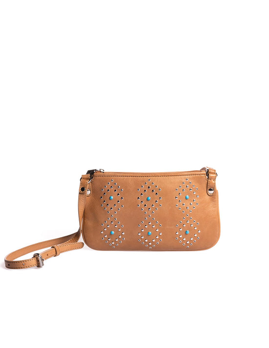 BOLSO MARRÓN TACHAS Y TURQUESAS