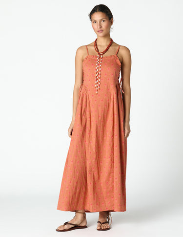 ORANGE BUTTI PRINT STRAPPY DRESS