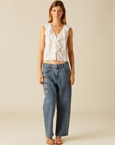 EMBROIDERED BUTTERFLY BLUE TROUSERS