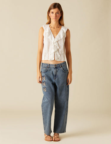 EMBROIDERED BUTTERFLY BLUE TROUSERS