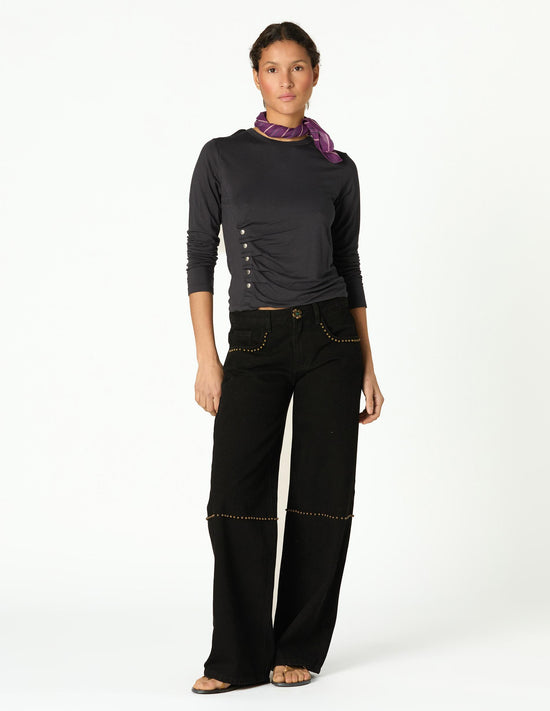 Anthracite Floral Button Studded Trousers