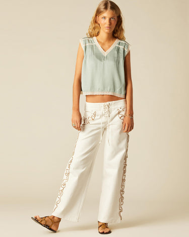 WHITE PANTS WITH EMBROIDERED TRIM