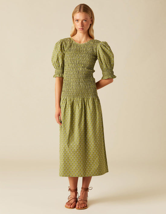 GATHERED DRESS BUTI GREEN LEAF