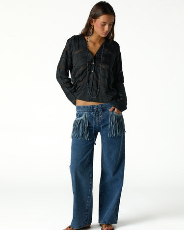 BLUE DENIM FRINGED PANTS