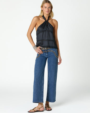 BLUE EMBROIDERED YOKE TROUSERS