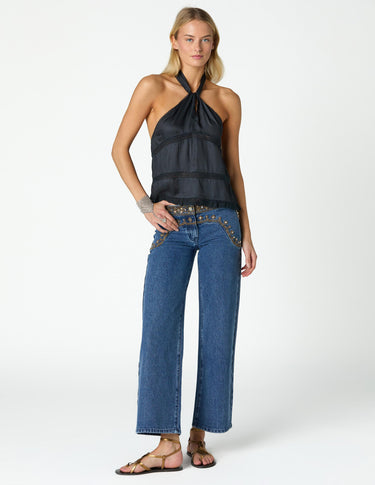 BLUE EMBROIDERED YOKE TROUSERS