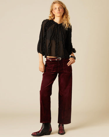 BURGUNDY VELVET POCKET TROUSERS