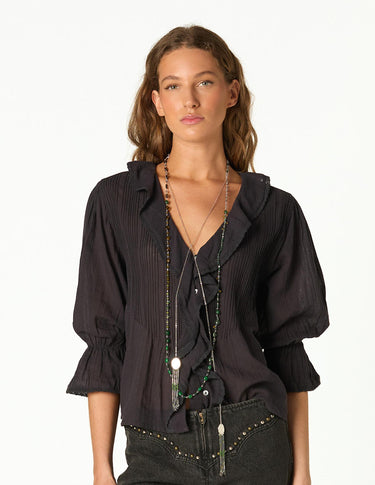 RUFFLED GATHERED ANTHRACITE SHIRT