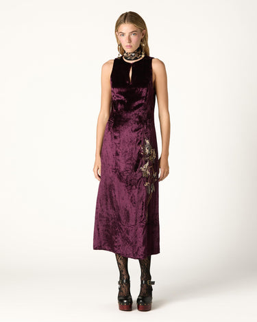 BURGUNDY EMBROIDERED VELVET DRESS
