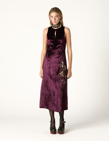 BURGUNDY EMBROIDERED VELVET DRESS