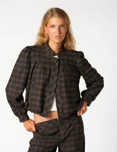 CHAQUETA CUELLO MAO CUADROS MARRÓN