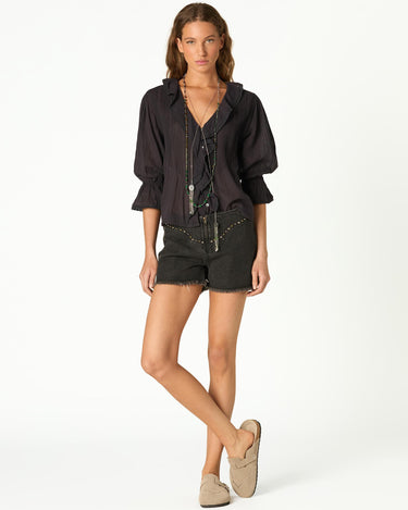 GREY DENIM STUDDED SHORT YOKE