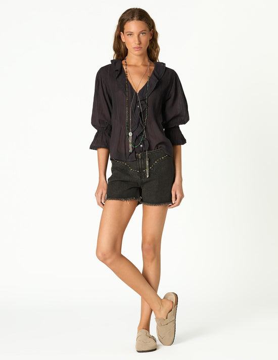 GREY DENIM STUDDED SHORT YOKE