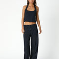 NAVY PINSTRIPE BUTTON-WAIST TROUSERS
