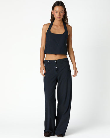NAVY PINSTRIPE BUTTON-WAIST TROUSERS