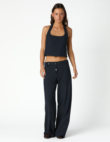 NAVY PINSTRIPE BUTTON-WAIST TROUSERS