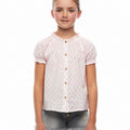 Gathered neck shirt with contrasting pink embroidery