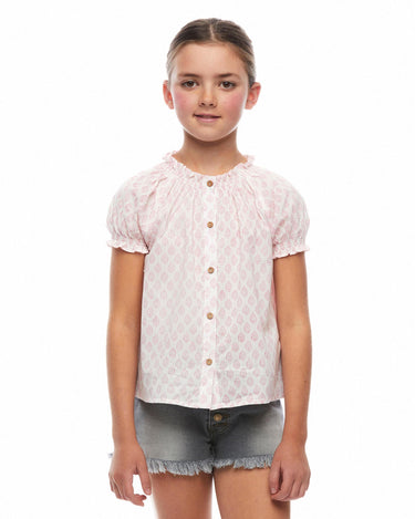Gathered neck shirt with contrasting pink embroidery