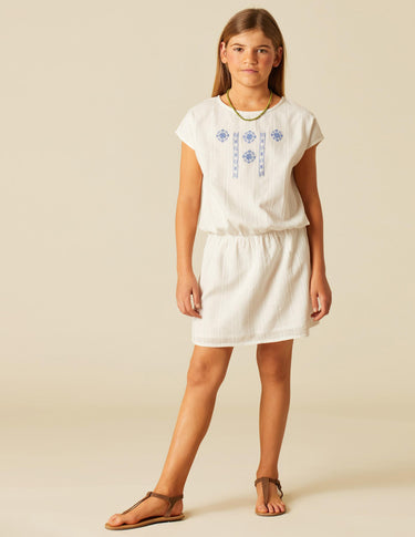 BLUE EMBROIDERED ELASTICATED DRESS