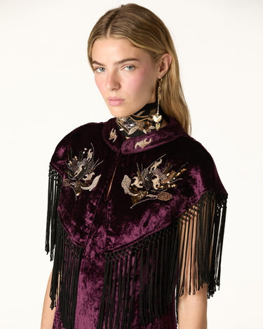 BURGUNDY EMBROIDERED VELVET CAPE